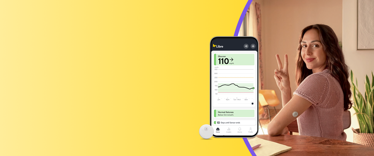Libre DUO 10 mobile app and woman wearing a FreeStyle Libre 3 Plus sensor