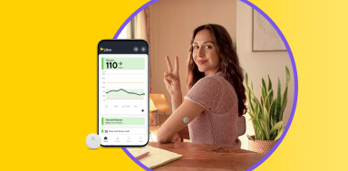Libre DUO 10 mobile app and woman wearing a FreeStyle Libre 3 Plus sensor